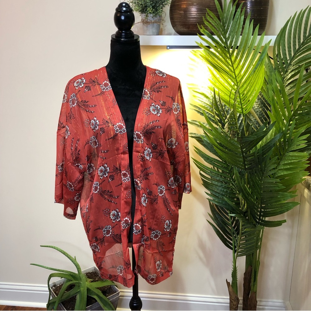 Ann Taylor Striped Floral w/Metallic Detail Kimono Open Front Light Redwood XS/S